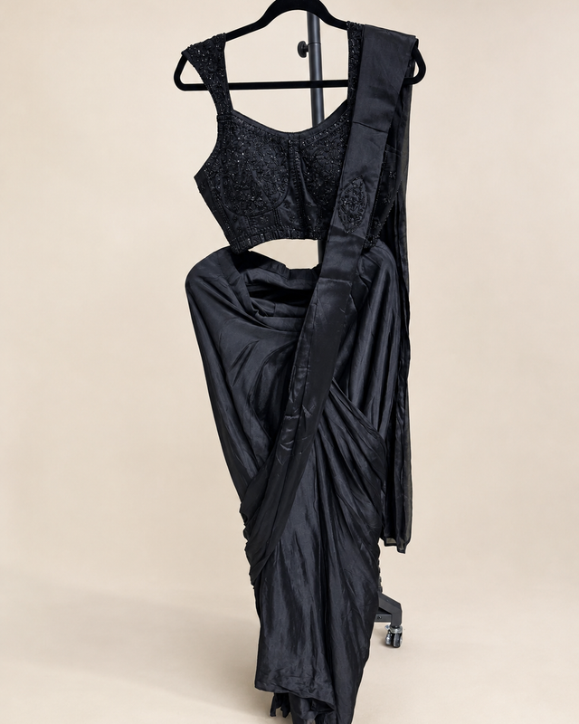 All Black Stunner Pre-Stiched  Saree soft material with choker dupatta