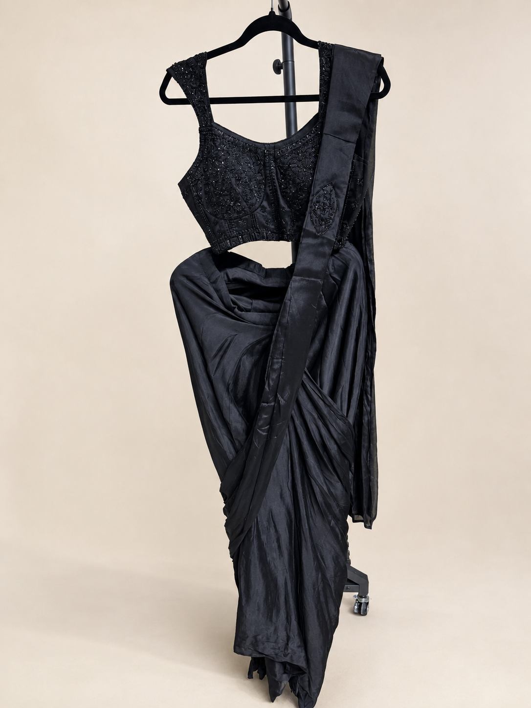 All Black Stunner Pre-Stiched  Saree soft material with choker dupatta