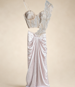 Champagne Rose Gold Wire Crop Top with Flower Dupatta Pre-Stiched- Saree