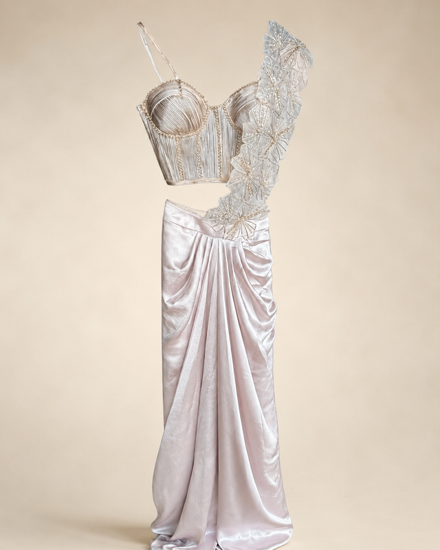 Champagne Rose Gold Wire Crop Top with Flower Dupatta Pre-Stiched- Saree