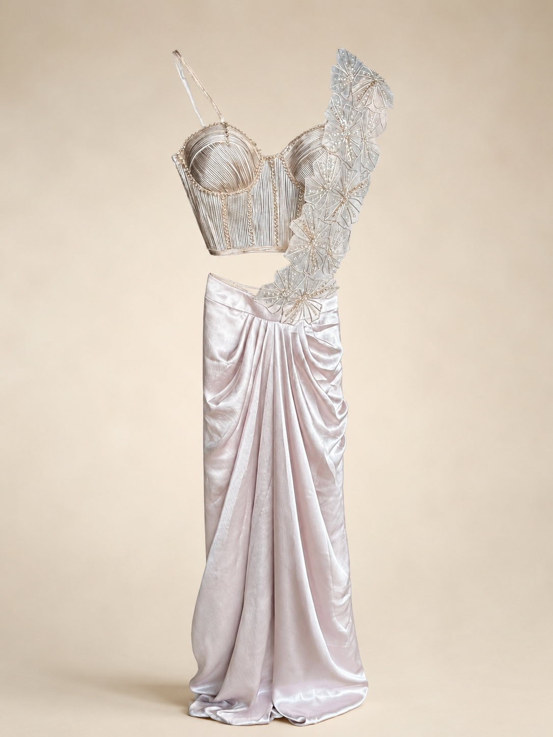 Champagne Rose Gold Wire Crop Top with Flower Dupatta Pre-Stiched- Saree