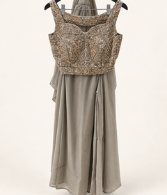 Brown Sheer Crop Top Gold Embroidered Choker Dupatta Ruffle