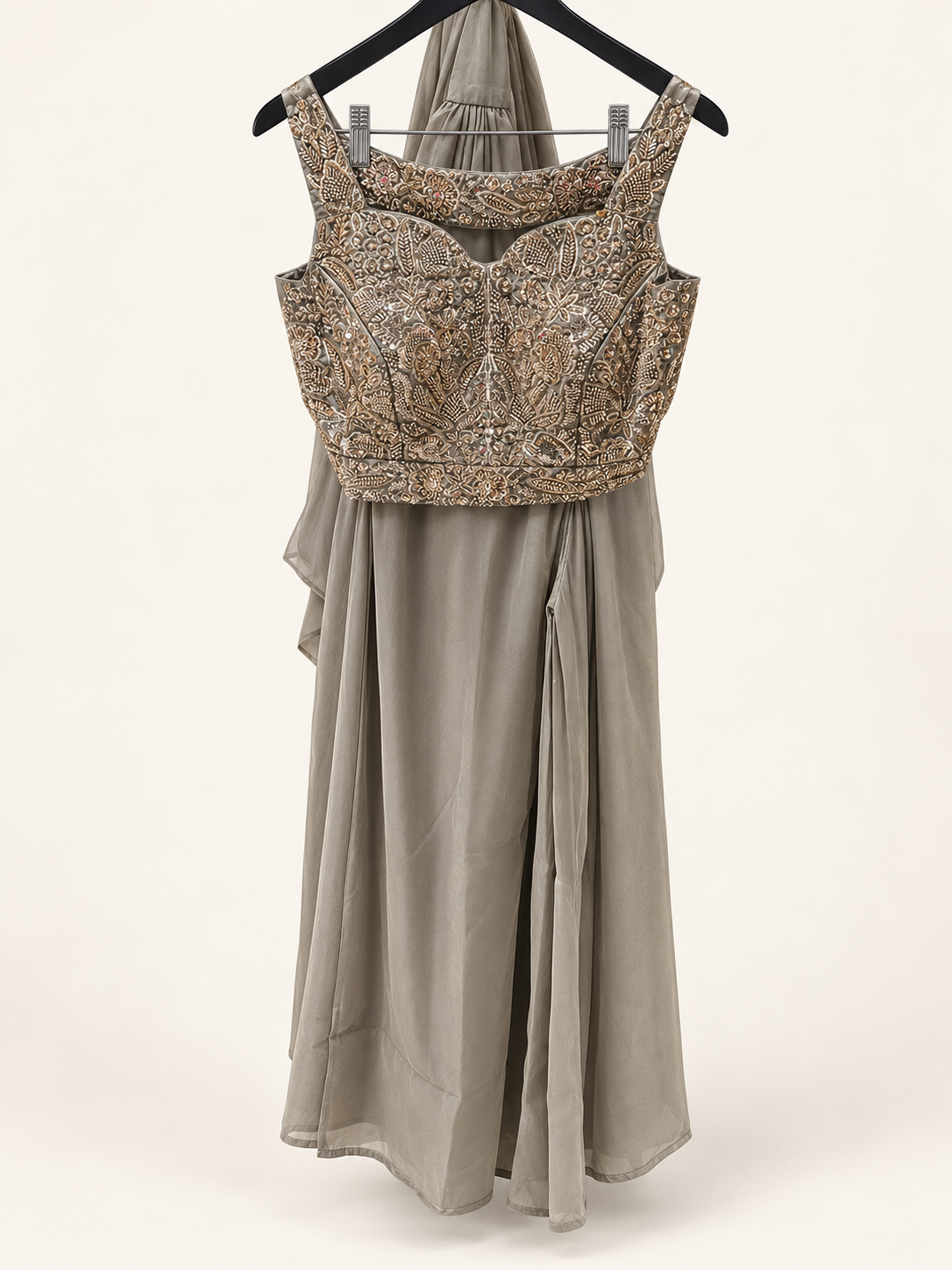 Brown Sheer Crop Top Gold Embroidered Choker Dupatta Ruffle