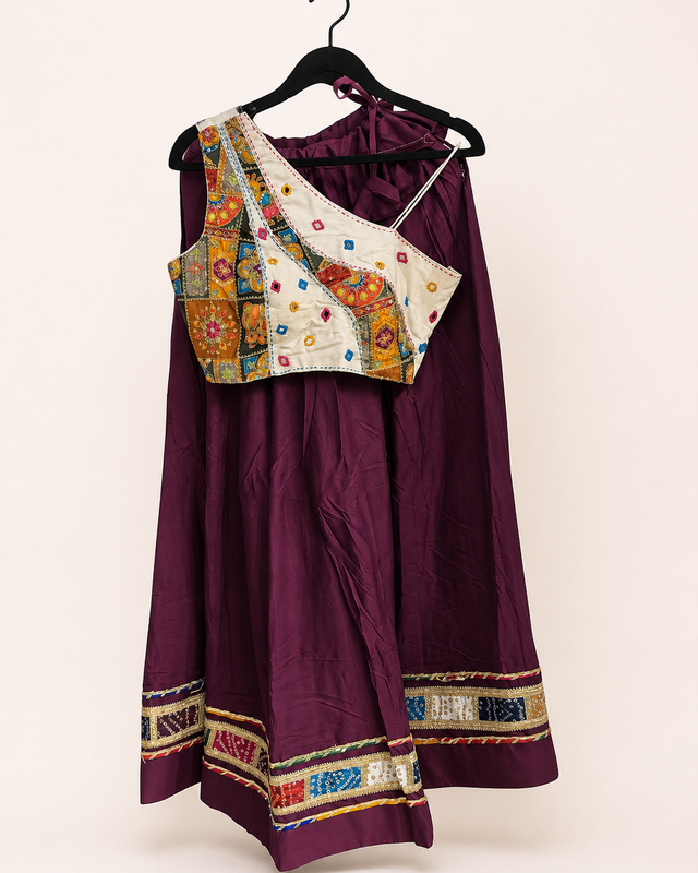 White and Purple Bhandni Border Sleeveless Blouse Lehenga Set