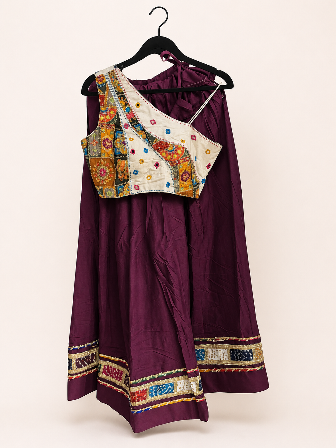 White and Purple Bhandni Border Sleeveless Blouse Lehenga Set
