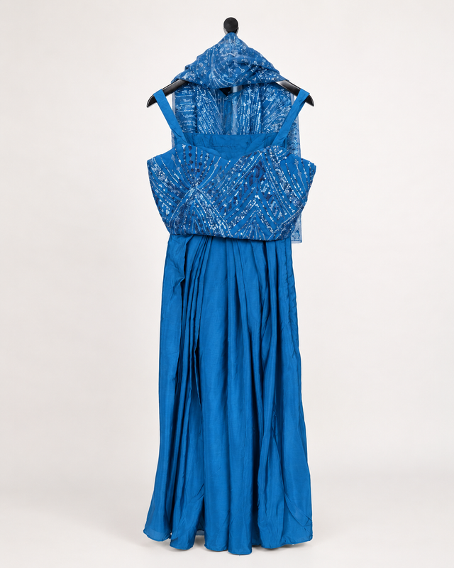 Blue Crop Top Blouse with Skirt and Cape as Dupatta
