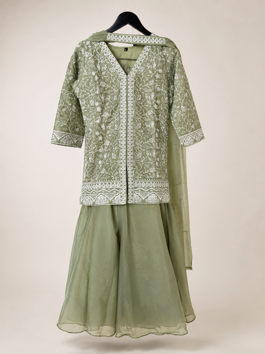 White design embroided on long sleeve palazzo with dupatta