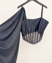 Navy Blue Corset See Through Top Pre-Stiched  Saree and with dangle beads. Dupatta attached to top