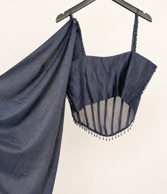 Navy Blue Corset See Through Top Pre-Stiched  Saree and with dangle beads. Dupatta attached to top