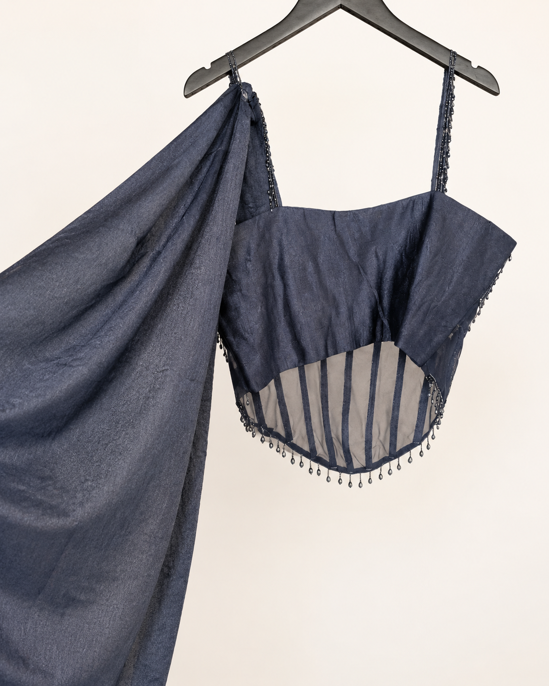 Navy Blue Corset See Through Top Pre-Stiched  Saree and with dangle beads. Dupatta attached to top
