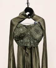 Sage Green Crystal Sheer Crop Top Palazzo & Cape Set