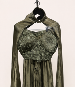 Sage Green Crystal Sheer Crop Top Palazzo & Cape Set