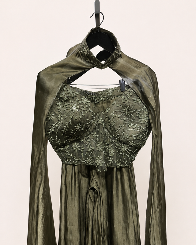 Sage Green Crystal Sheer Crop Top Palazzo & Cape Set