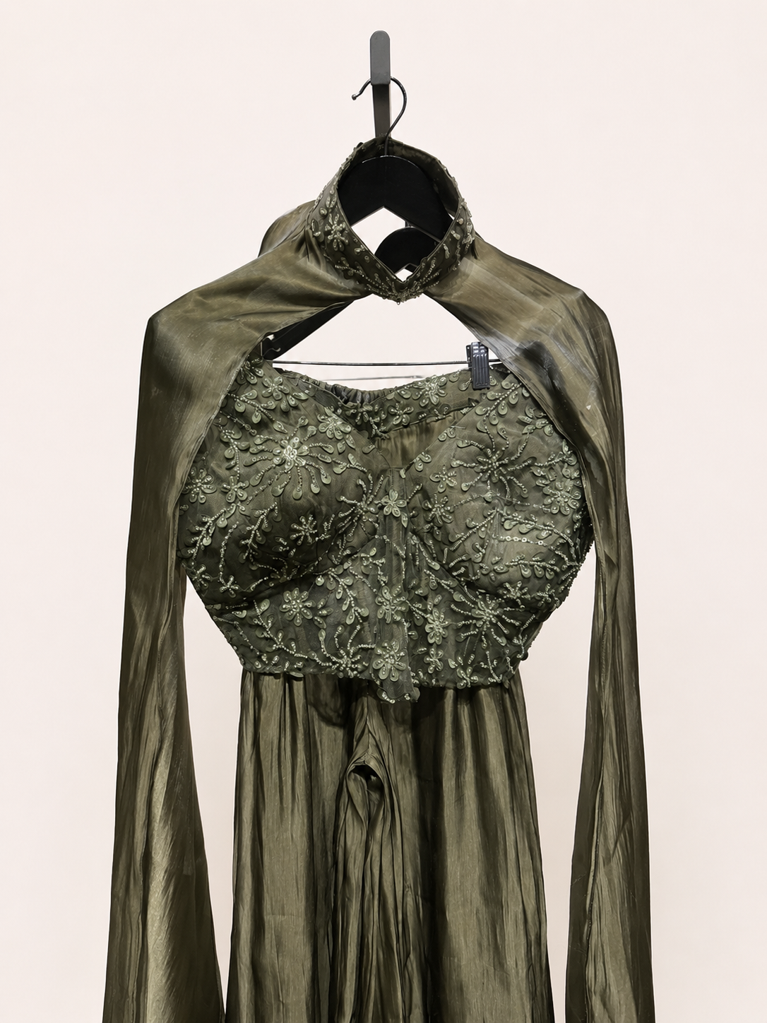 Sage Green Crystal Sheer Crop Top Palazzo & Cape Set