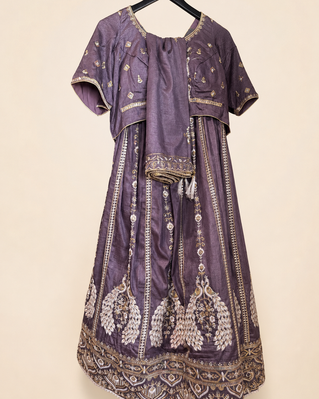 Charcoal Grey with White Peacock Sequence Design Lehenga Set
