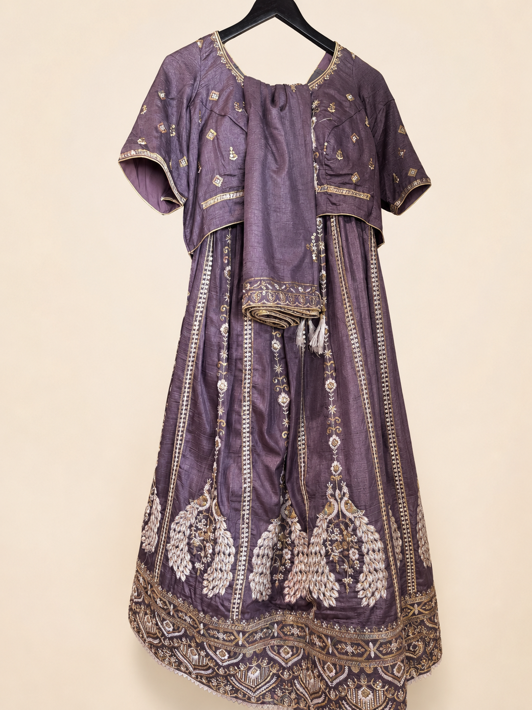 Charcoal Grey with White Peacock Sequence Design Lehenga Set