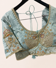 Metallic Sky blue Heavy Lehenga Set with Heavy Work and Red Dupatta