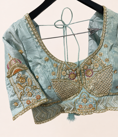 Metallic Sky blue Heavy Lehenga Set with Heavy Work and Red Dupatta
