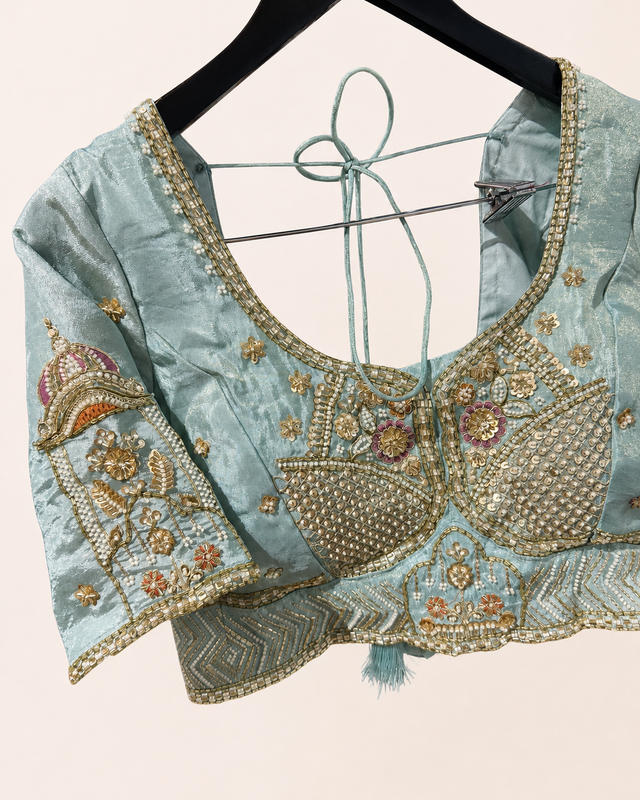 Metallic Sky blue Heavy Lehenga Set with Heavy Work and Red Dupatta