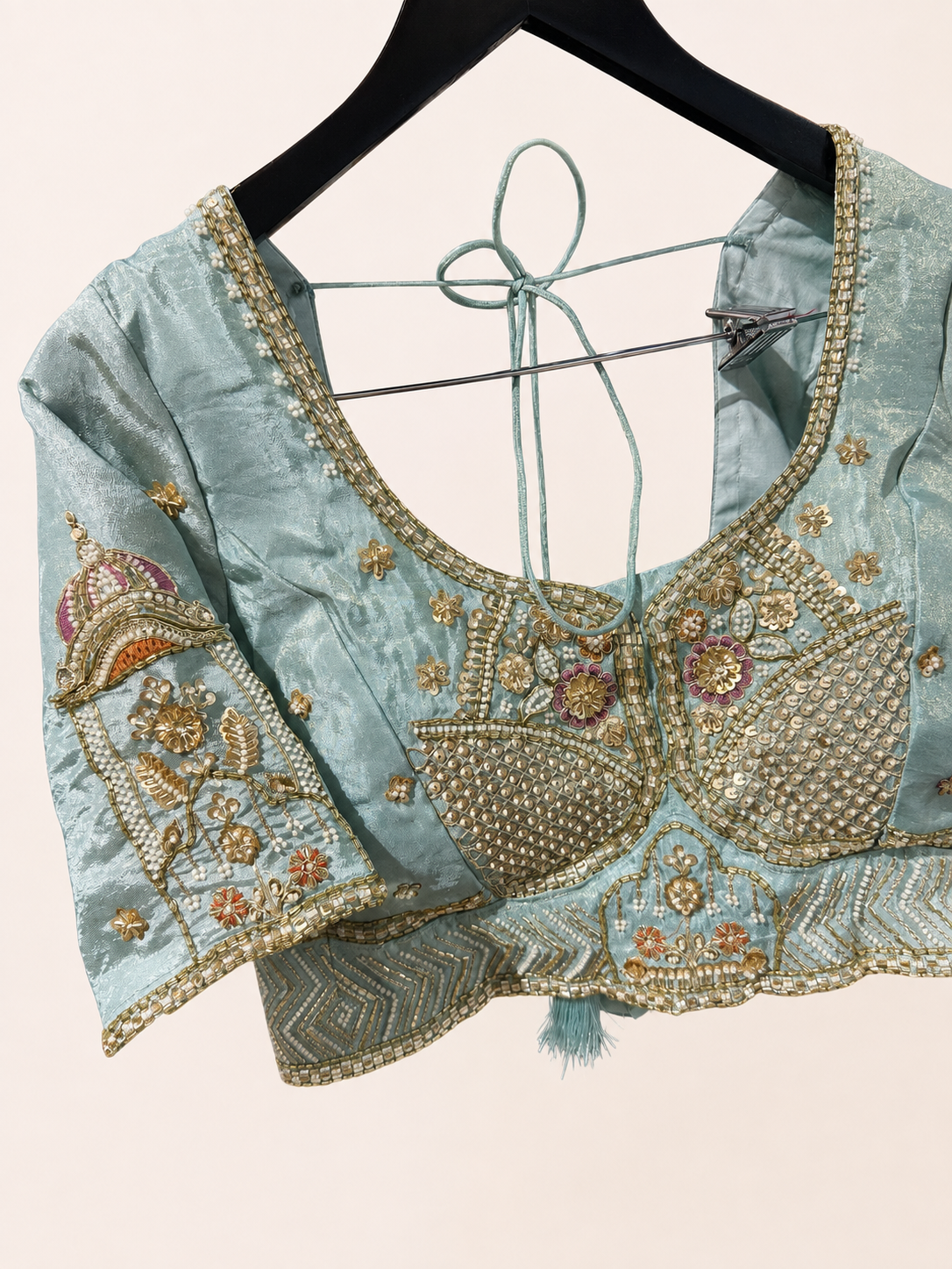 Metallic Sky blue Heavy Lehenga Set with Heavy Work and Red Dupatta