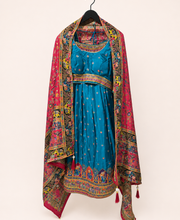 Aqua Blue with Heavy Red Dupatta Folk Design Lehenga
