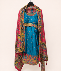 Aqua Blue with Heavy Red Dupatta Folk Design Lehenga