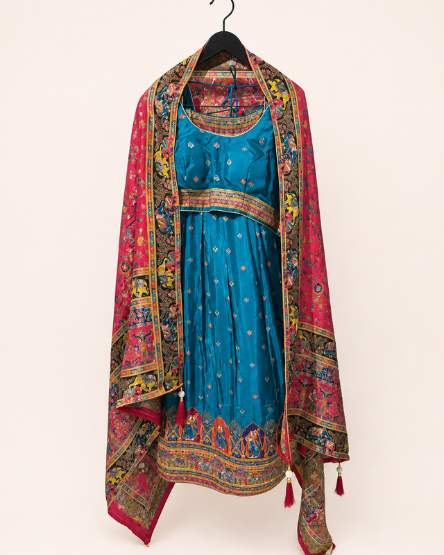 Aqua Blue with Heavy Red Dupatta Folk Design Lehenga