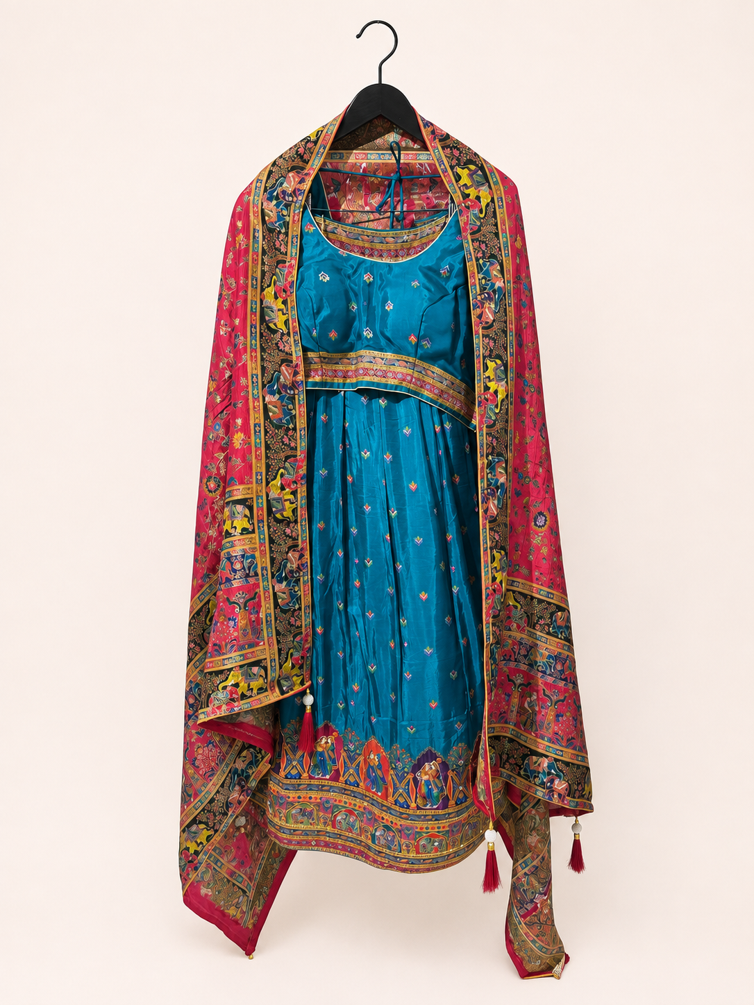 Aqua Blue with Heavy Red Dupatta Folk Design Lehenga