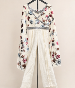 Long sleeve no dupatta cut in sleeve white floral design pant crop top palazzo