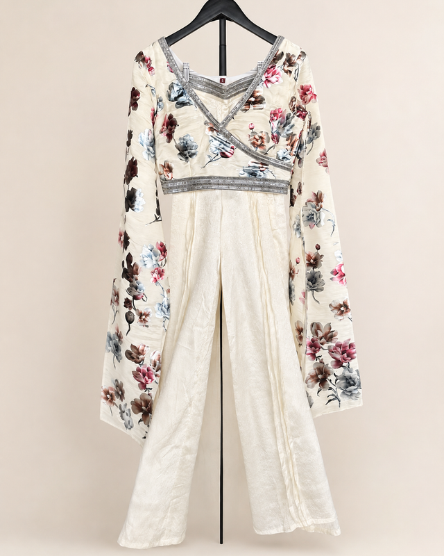 Long sleeve no dupatta cut in sleeve white floral design pant crop top palazzo