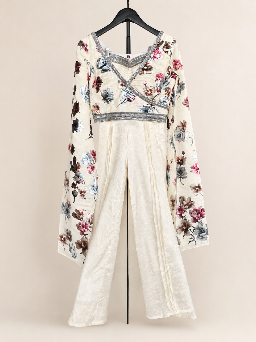 Long sleeve no dupatta cut in sleeve white floral design pant crop top palazzo