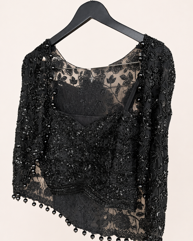 Black Embellished Cape Sleeve Palazzo Set
