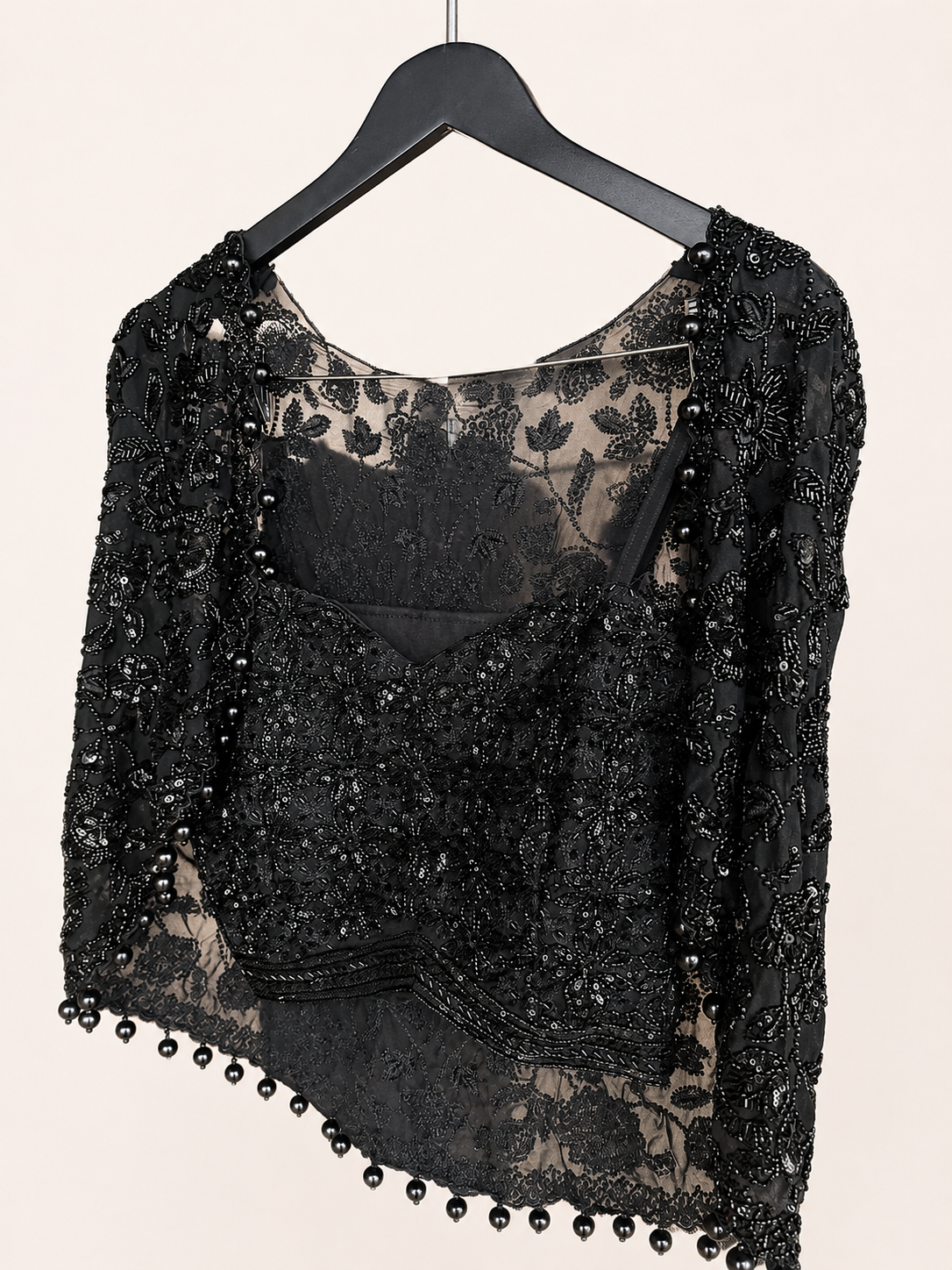 Black Embellished Cape Sleeve Palazzo Set