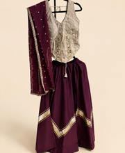 Tan and Purple Cross Cut Choli Design with Sleeveless Top