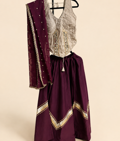Tan and Purple Cross Cut Choli Design with Sleeveless Top