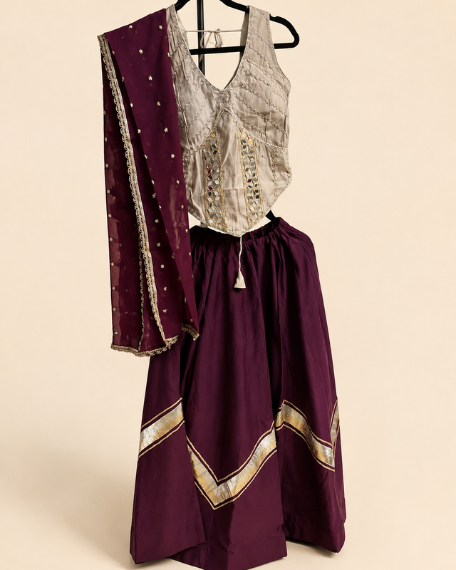 Tan and Purple Cross Cut Choli Design with Sleeveless Top
