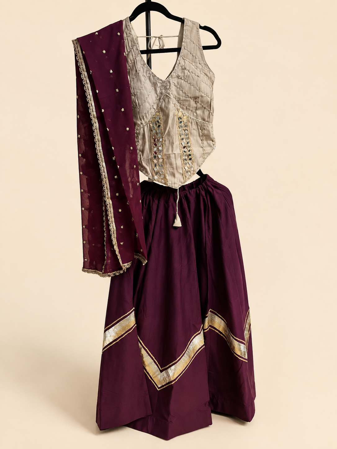 Tan and Purple Cross Cut Choli Design with Sleeveless Top