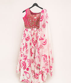 White and pink Silk Pattern with Embroidered Gold Top and Silk Dupatta