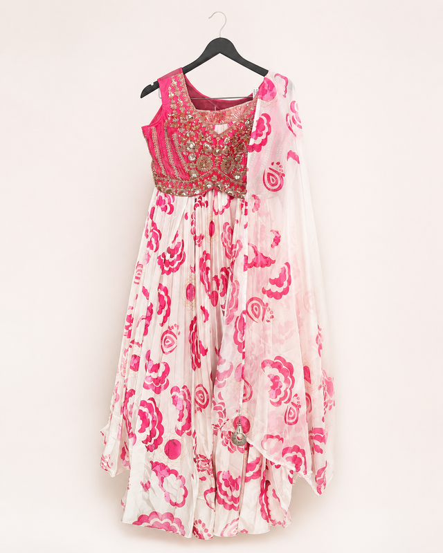 White and pink Silk Pattern with Embroidered Gold Top and Silk Dupatta