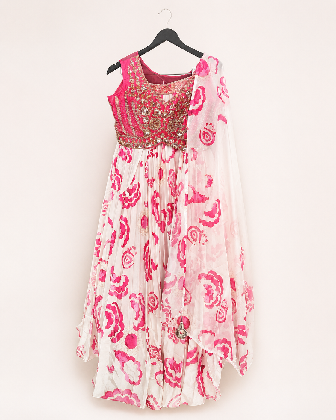 White and pink Silk Pattern with Embroidered Gold Top and Silk Dupatta