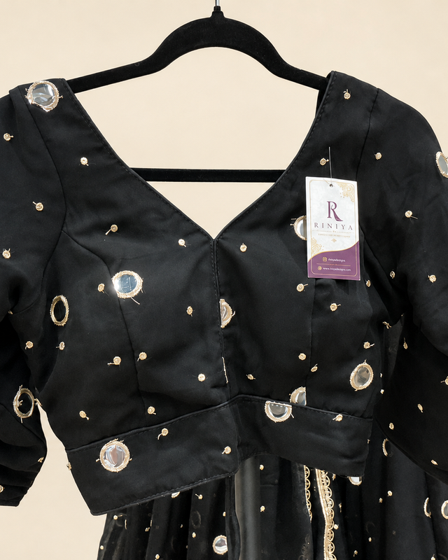 Black Mirror Dupatta Garba Set Long Sleeve Blouse Back Criss Cross