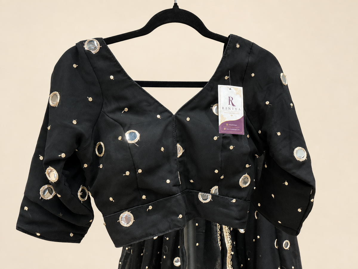 Black Mirror Dupatta Garba Set Long Sleeve Blouse Back Criss Cross