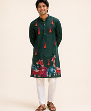 Mens Green Folk Garba Cotton Kurta with Tassle
