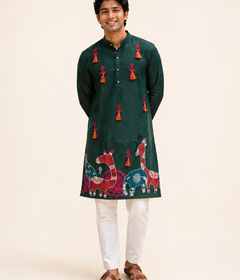 Mens Green Folk Garba Cotton Kurta with Tassle