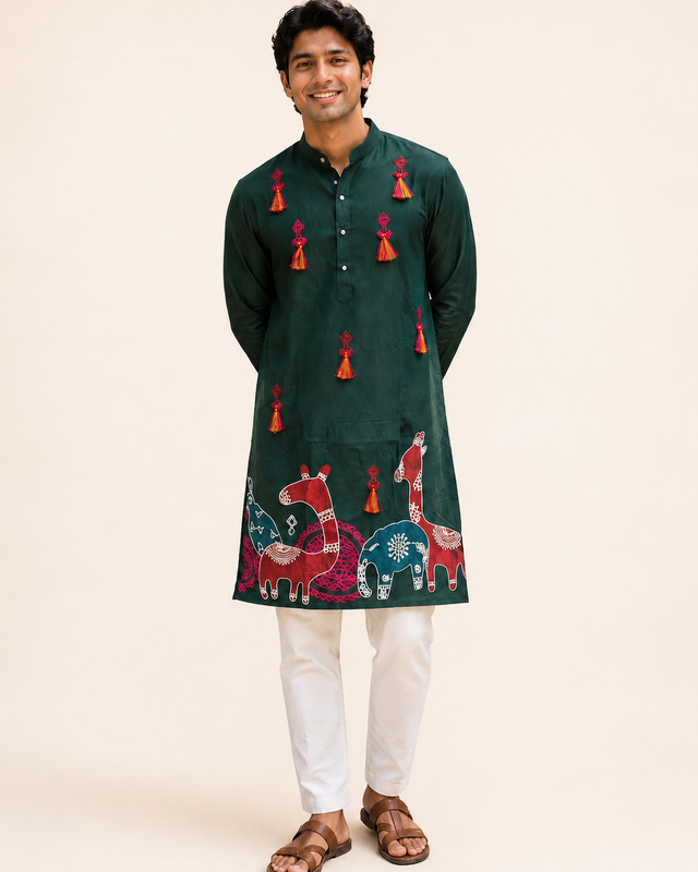 Mens Green Folk Garba Cotton Kurta with Tassle