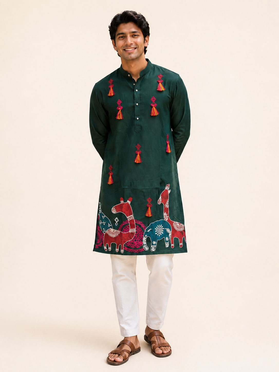 Mens Green Folk Garba Cotton Kurta with Tassle