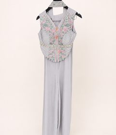 Ivory Grey Embellished Vest Palazzo Set