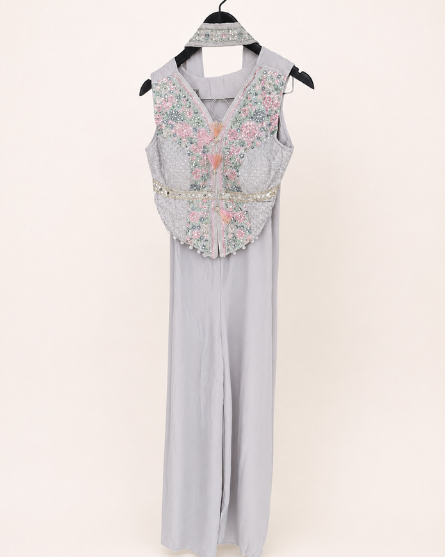 Ivory Grey Embellished Vest Palazzo Set
