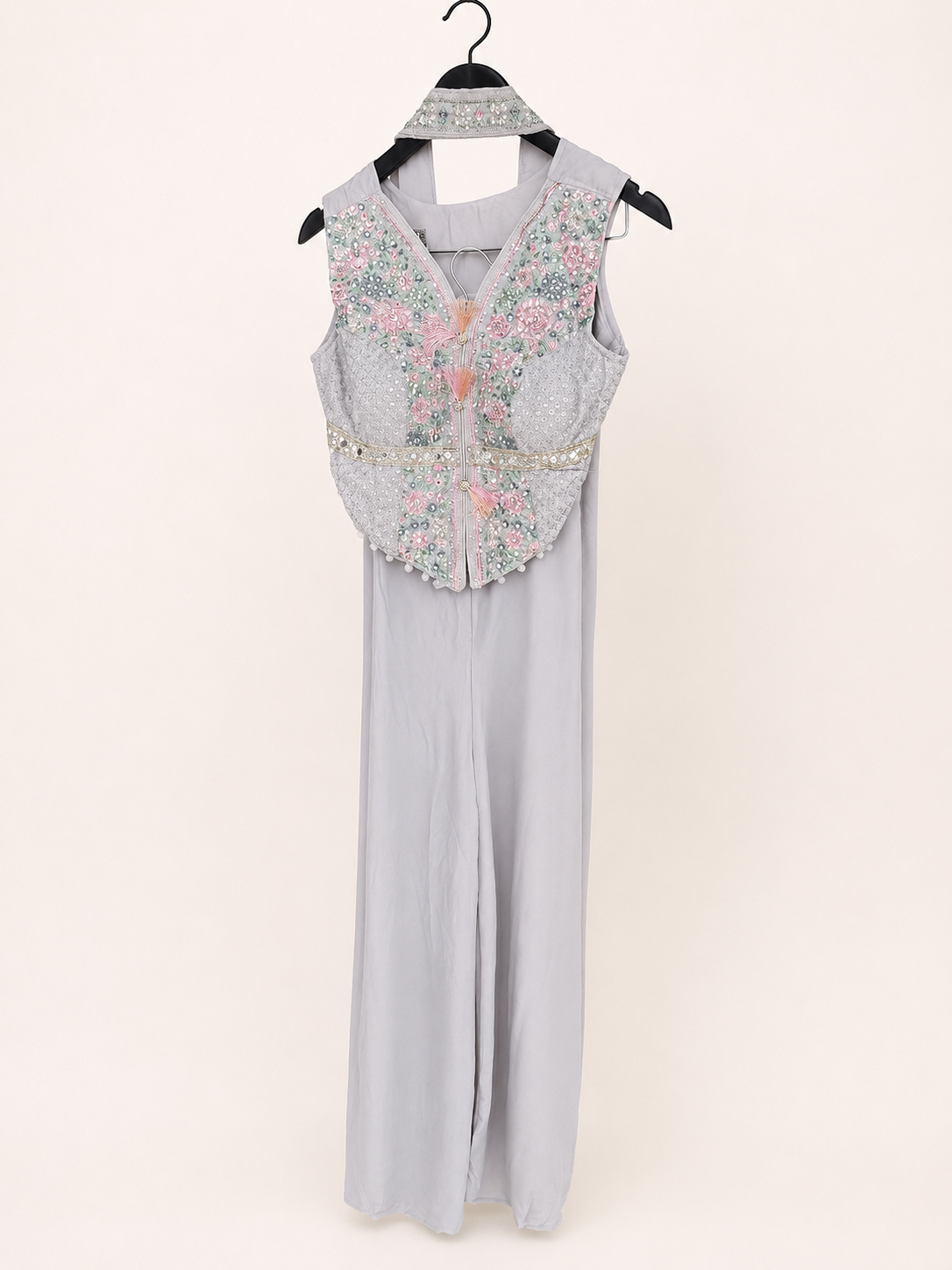Ivory Grey Embellished Vest Palazzo Set