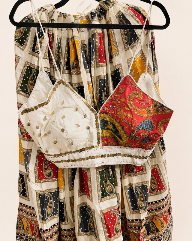 White traditional Folk Heavy Pattern Spaghetti Top with black Dupatta
